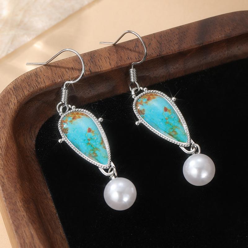 Vintage Water Drop Shaped Inlaid Synthetic Turquoise Imitation Pearl Dangle Earrings for Women's  Pendant Banquet Jewelry