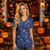 Women V Neck Short Sleeve Scrub Top with Halloween Print and Pockets for Work Uniform Comfortable Fit