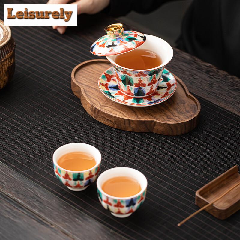 Chinese Tangka Rotatable Gold Silver Mixed Gaiwan Zen Sheep Fat Jade Hovering Lid Tea Tureen Tea Maker Cover Bowl Tea Services