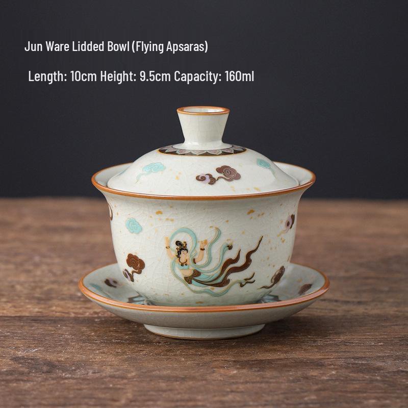Dunhuang Ru Kiln Crackle Pattern Tea Bowl with Lid - High-End Kung Fu Tea Set, Large Brewer.