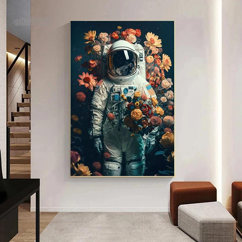 Astronaut In Flowers Canvas Painting Cosmonaut and Planet Posters Prints Modern Wall Art Pictures for Home Kid Beroom Decoration