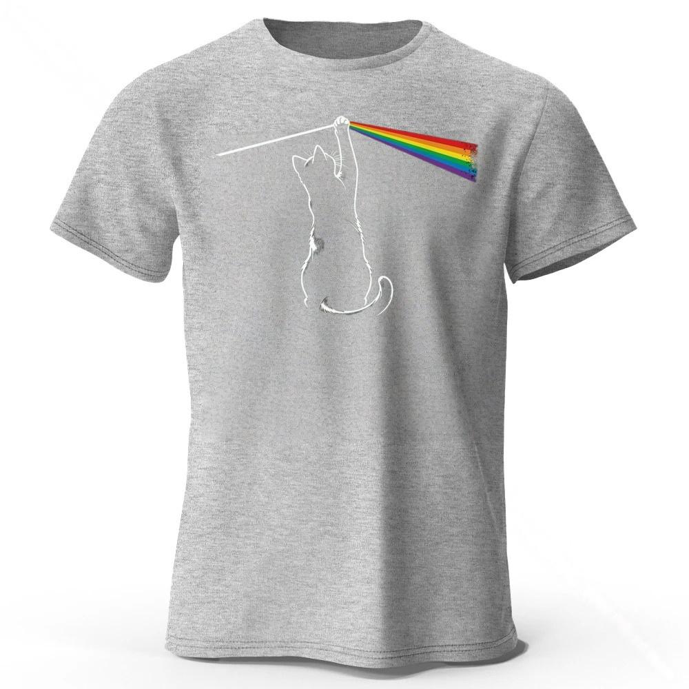 Fashion Cotton T-shirt with Rainbow Cat Creative Printing Loose Large Breathable Sports Short Sleeves Tops