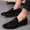 Men's Rhinestone Sequined Pointed Toe Leather Loafers - British Style Slip-ons for Business, Nightclub, Wedding, or Hairstylist Wear.