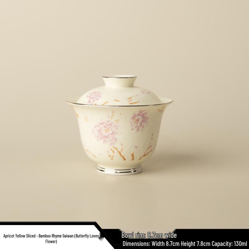 Apricot Yellow Butterfly & Floral Gaiwan Tea Cup with Silver Edge - High-grade Ceramic for Women's Tea Brewing