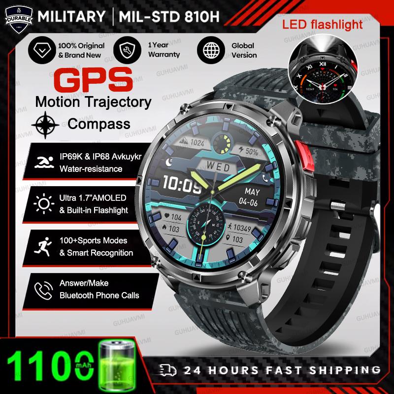 1100mAh Large Battery Durable Adult Smart Watch GPS Strong Flashlight 10ATM Waterproof BT Call Sport Smartwatch Men