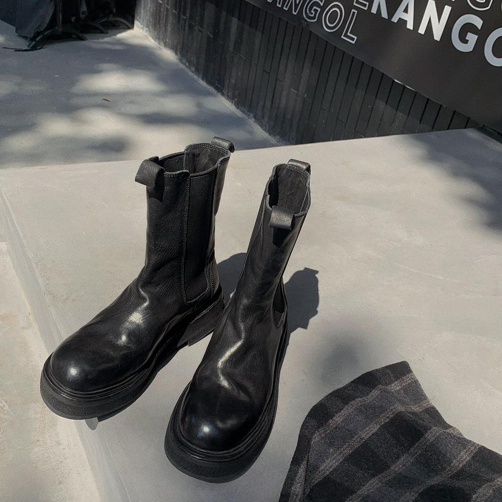 Second Hair! Grape Mother Same Shoes Shrink Pattern Washed Horse Leather Thick-soled Medium Tube Chimney Chelsea Short Boots Women's Autumn