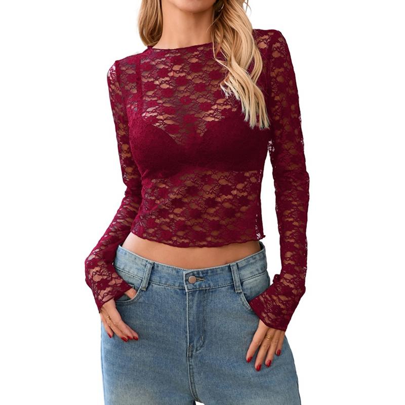 Damski koronkowy siateczkowy crop top z długim rękawem