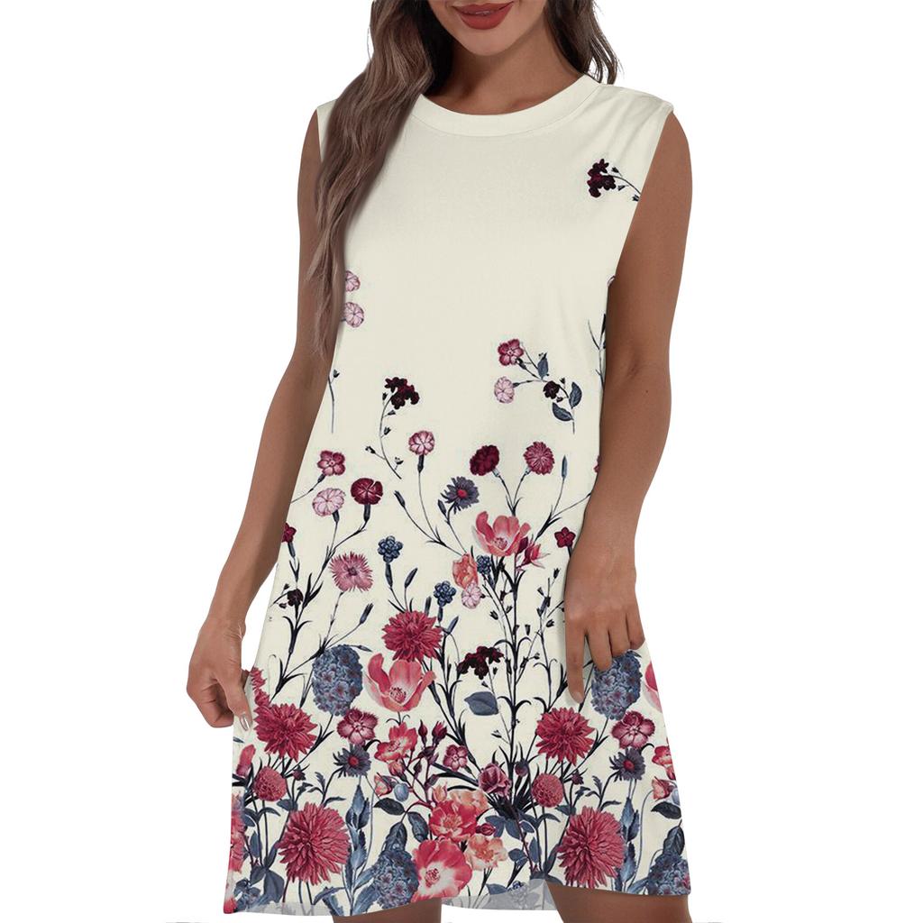 Lässiges und modisches ärmelloses, mittellanges Kleid mit Rundhalsausschnitt und Druck für Damen