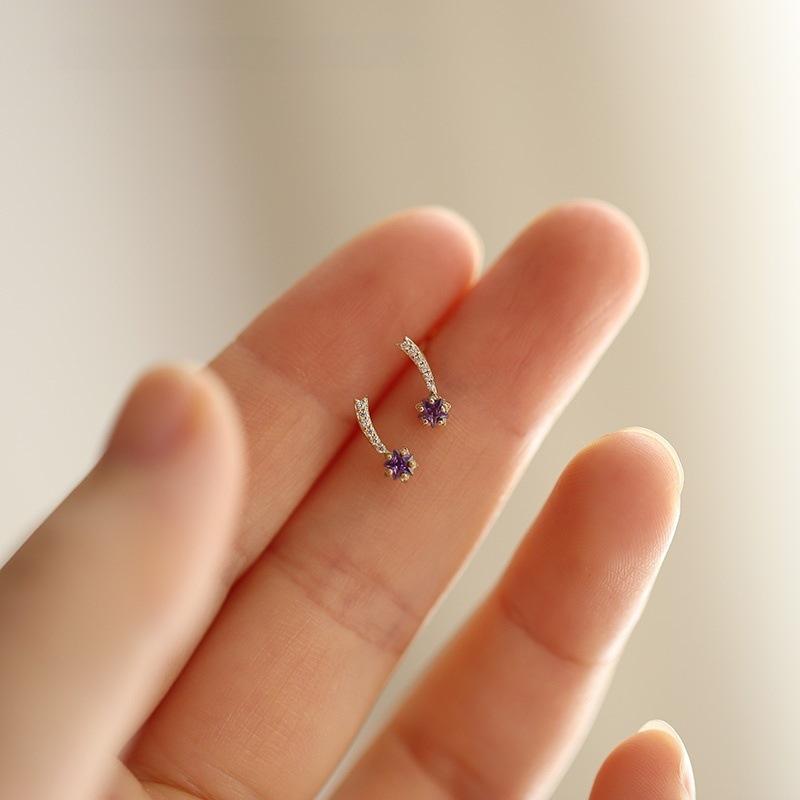 925 Sterling Silver Electroplated 14K Gold Purple Zircon Star Earrings for Women Korean Cute Jewelry Design