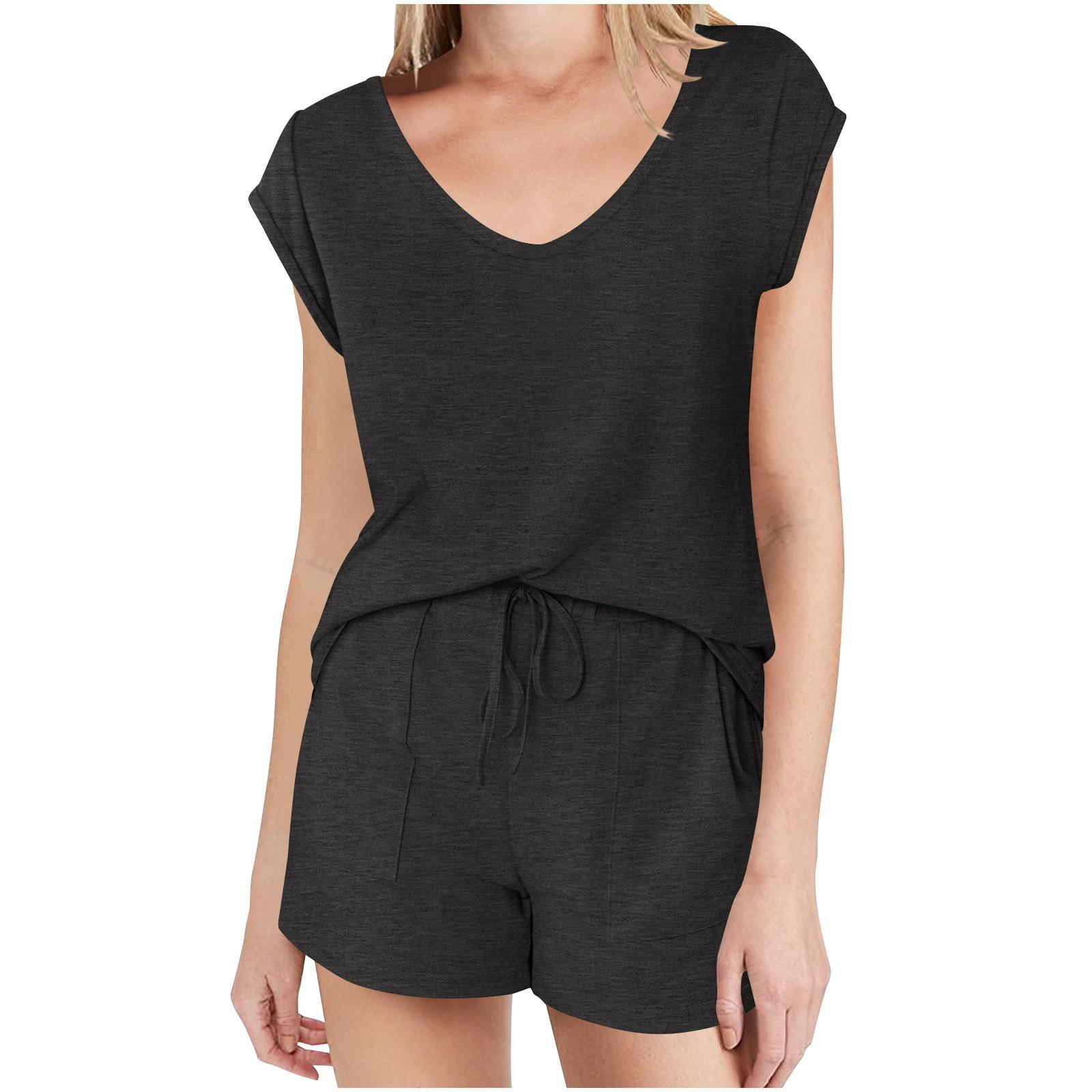 

Women s Fashion Loose V-neck Multi-color Short-sleeved Shorts Set L чёрный