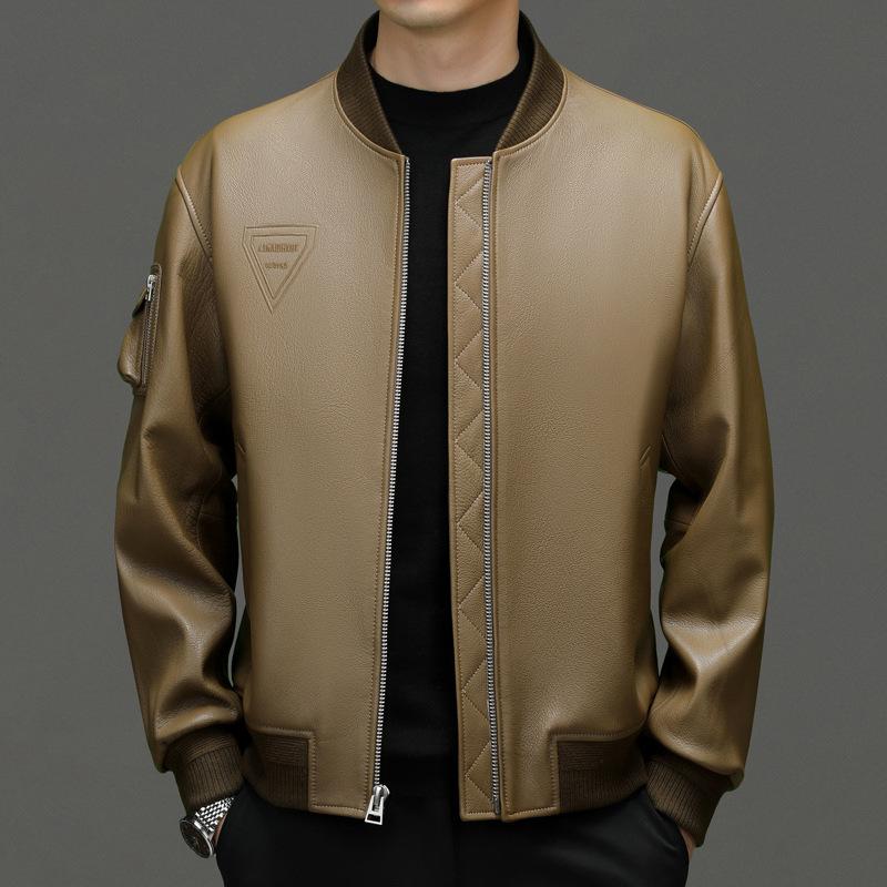 Spring and Autumn new first-layer sheepskin leather leather jacket men's middle-aged collar removable leather jacket casual jacket