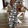 Women Plus Size V Neck Short Sleeve Black White Geometric Printed Straight Long Dress