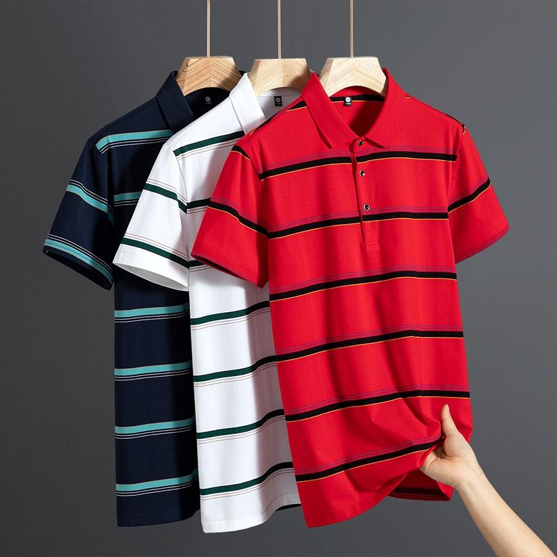 Summer Men's Polo Shirt  Pure Cotton Short Sleeved T-shirt  Thin Striped Business Casual Breathable Wrinkle Resistant Top