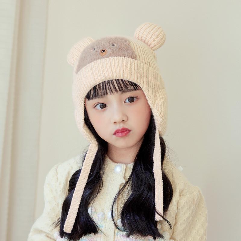 Cartoon Bear Kids Winter Knit Hat With Earmuff Protection For Childrens Cold Weather Comfort бежевый