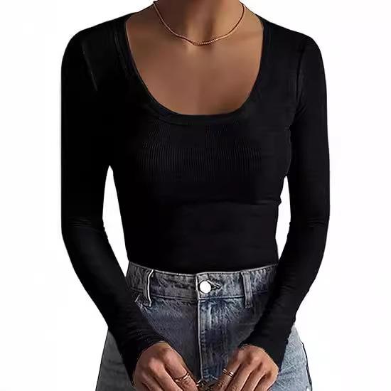 Women S Slim Fit Long Sleeve Ribbed T Shirt Sexy Basic Top S чёрный
