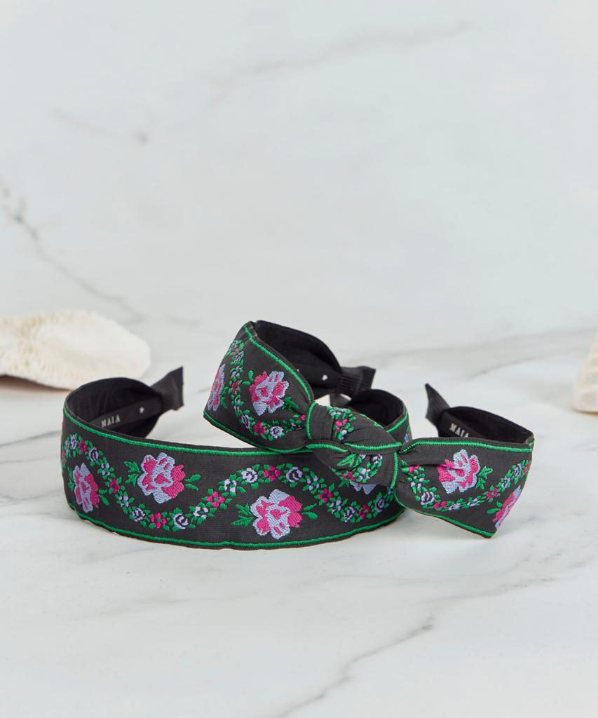 Maia Pearl Flower Jacquard Hairband A-Plain Green