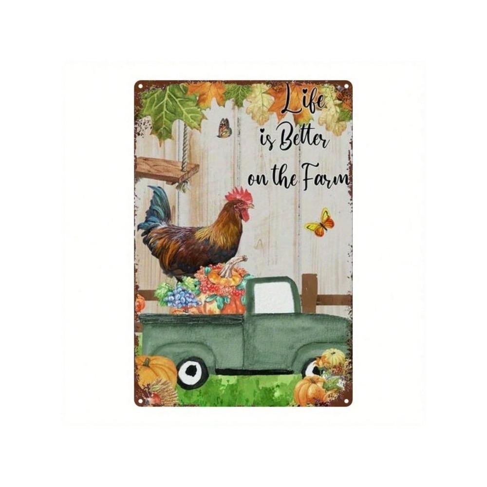 Farm Tractor Rooster Metal Wall Sign 8x12 Inch Vintage Country Decor