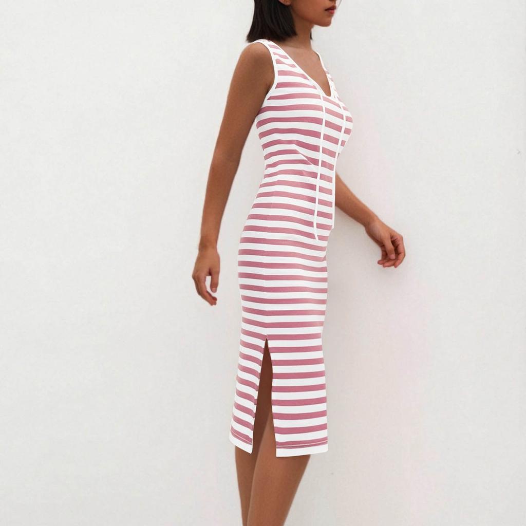 Ladies' Casual Loose Drawstring Sexy Striped V-neck Contrasting Sleeveless Dress