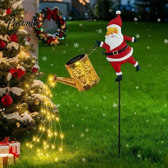 Metal Yard Ornaments for Gift Christmas Solar Santa Kettle Light, Solar-Powered Claus Watering Can Stake Lamp Decorative Stakes with LED String,