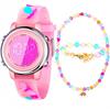 Girls Digital Watch, Kids 7 Color LED, Waterproof, Stopwatch, Alarm, Jewelry Set, Necklace, Bracelet, Stickers, Gift, Present (Butterfly Pink)