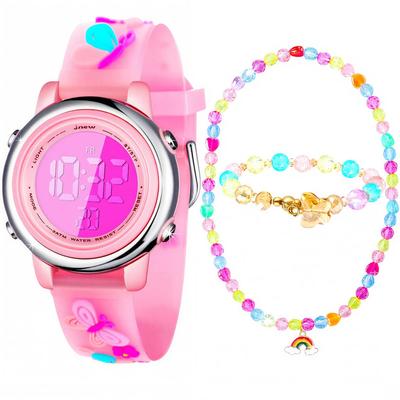 Girls Digital Watch, Kids 7 Color LED, Waterproof, Stopwatch, Alarm, Jewelry Set, Necklace, Bracelet, Stickers, Gift, Present (Butterfly Pink)
