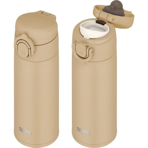 Dishwasher-Safe Model: Thermos Vacuum Insulated Portable Mug, 350ml, Sand Beige. All parts and body are dishwasher-safe. One-touch opening, stainless
