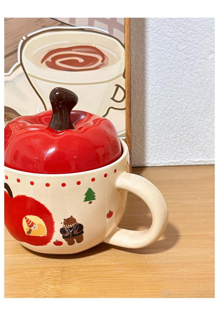 Apple Ceramic Mug with Lid & Spoon - Cute Office & Breakfast Cup, Perfect Birthday Gift for Women
