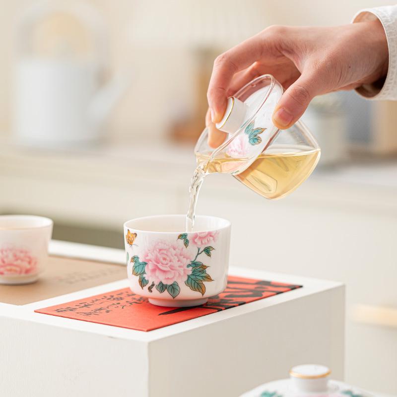 Mutton Fat Jade Ceramic Travel Tea Set - Large Covered Filter Cup Gift Box