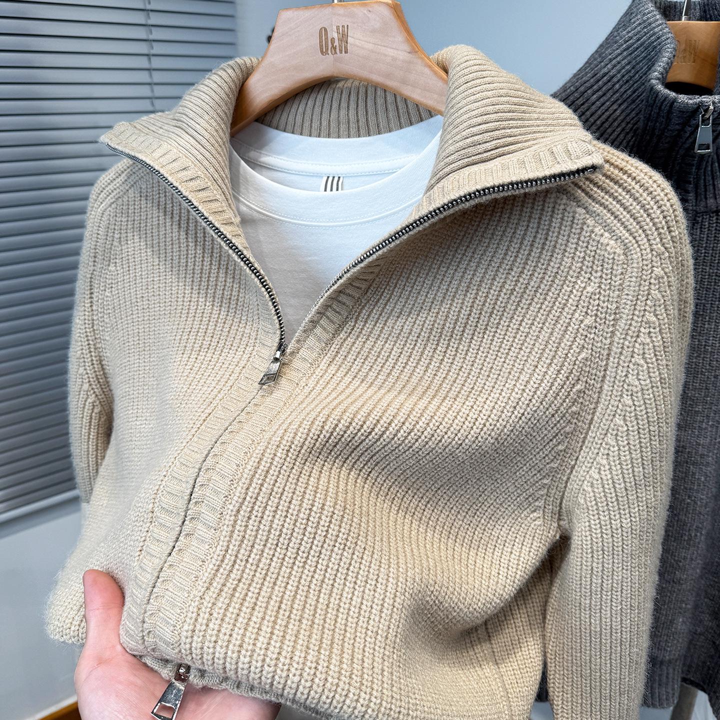 

Мужской вязаный кардиган с высоким воротником на двойной молнии - Осенне-зимний 2025 года, модная повседневная верхняя одежда X-Large бежевый