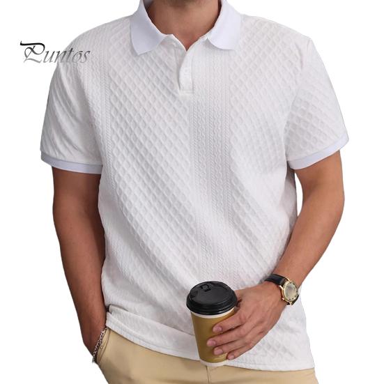 Men Tops Lapel Short Sleeve Solid Color Tee Shirt with Jacquard Decoration Jacquard Fabric Solid Color Tops