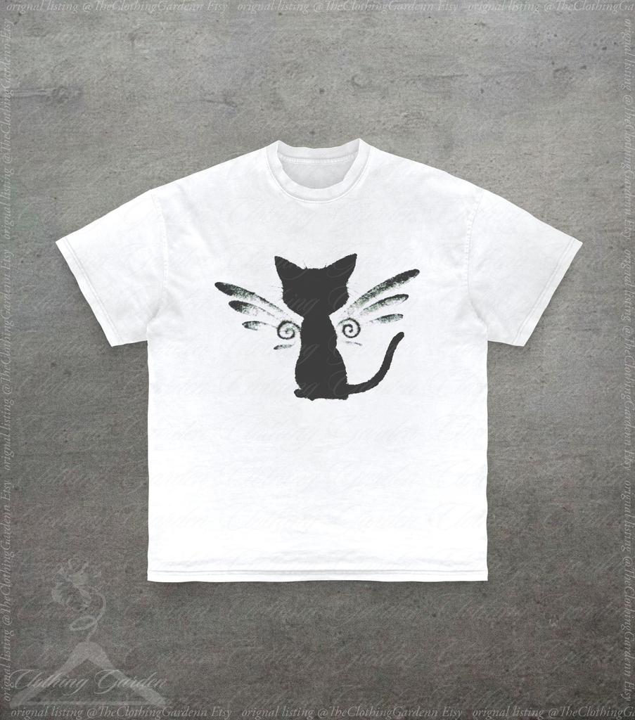 Cute Fairy Cat Graphic Tee, Gifts For Cat Lovers, Cute Black Cat T-Shirt for Men Women, Minimalist Fairy Cat Top, Soft Everyday Cat Shirt