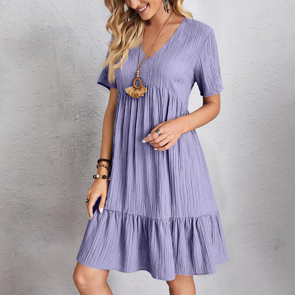 Women's  Color Casual Fashion V-neck Short Sleeved Dress