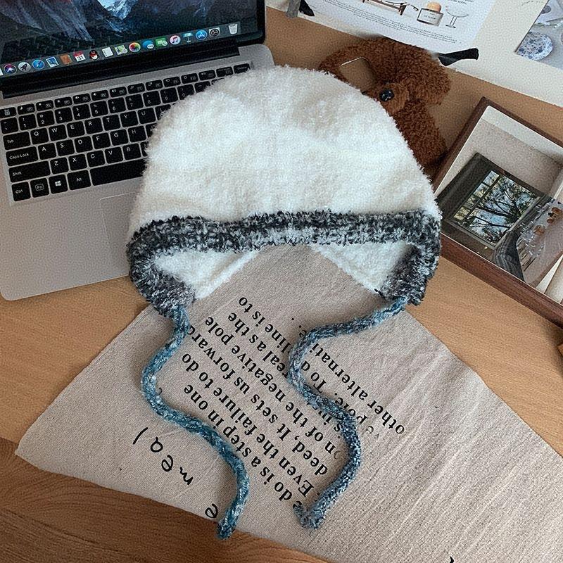 2025 new mixed color strap bear ears plush hat women's winter warm ear protection knitted wool hat pullover hat