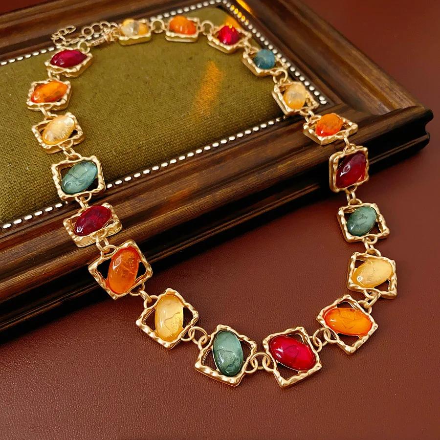 

Vintage Colorful Wedding Zircon Set for Women Zinc Alloy Needle Tassel Drop Earrings Light Luxury High-end Retro Necklace Set