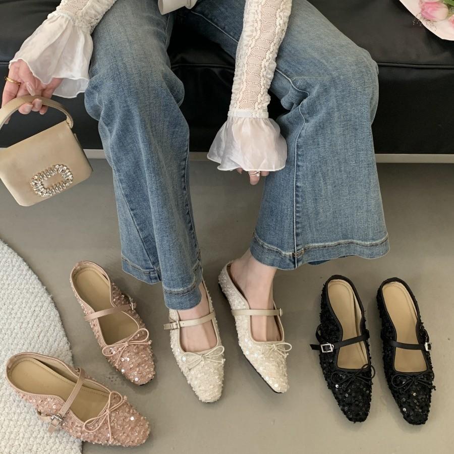 Korean Lady Temperament Evening Shoes Mary Jane Princess Shoes Inner Height Increase Sequined Bow Single Shoes 2025 New