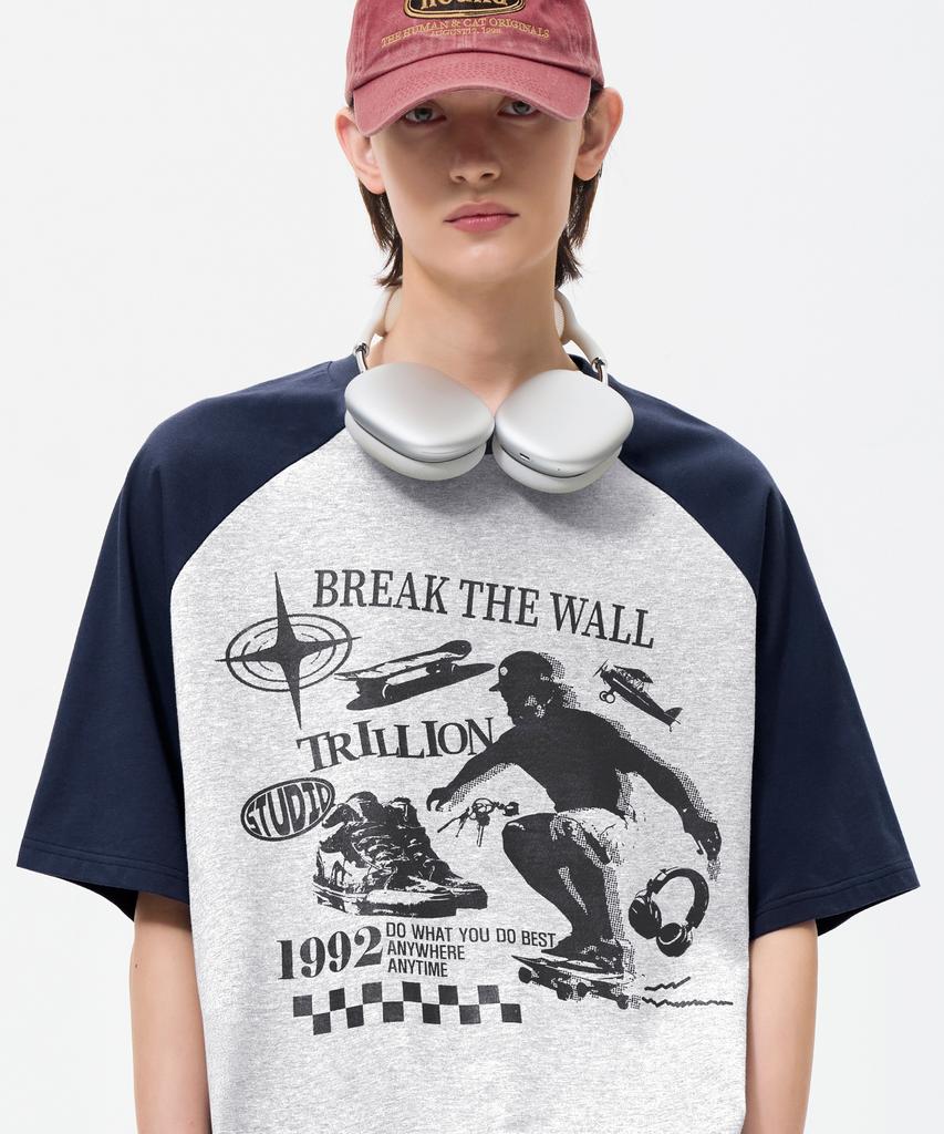 TRILLION Skateboard Pigment Graphic Raglan Short Sleeve_Navy