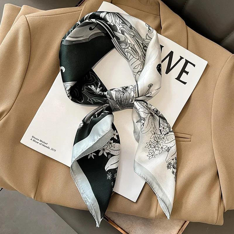 New Floral Print Shawl Design Silk Square Scarf Women Female Wrap Headkerchief Hijab Beach Stoles Hair Band Echarpe Bandana 2023