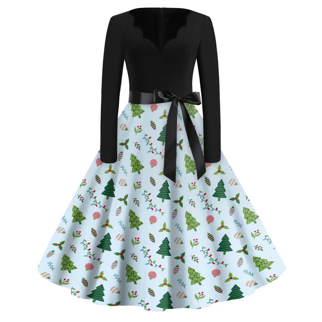 Women's Fashion V-Neck Relaxed-Fit Christmas Print Long-Sleeved Dress