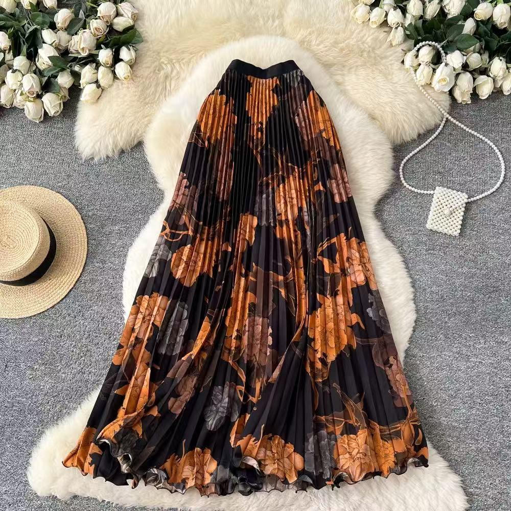 Women's High-Waisted Chinese Ink Print Pleated Midi Skirt