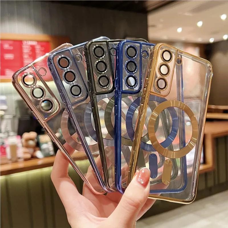 Luxury Plating For Magsafe Magnetic Case For Samsung S25 S24 S23 S22 Ultra Plus S21 S20 FE Note 20 A35 A55 A05 A15 Clear Cover