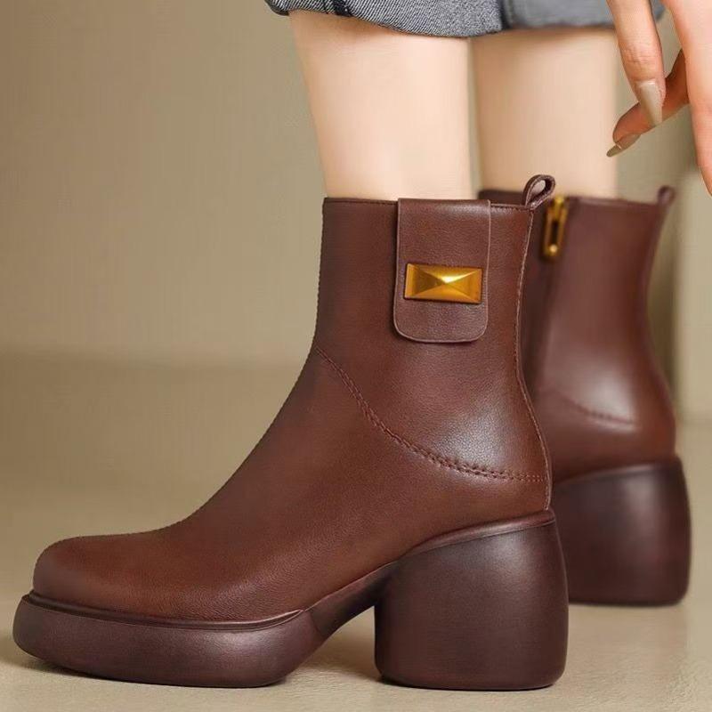 Chunky Round Toe Woman Short Shoes Autumn Winter Leather Booties Elegant with Medium Heels Ankle Boots for Women New in Pu Boot