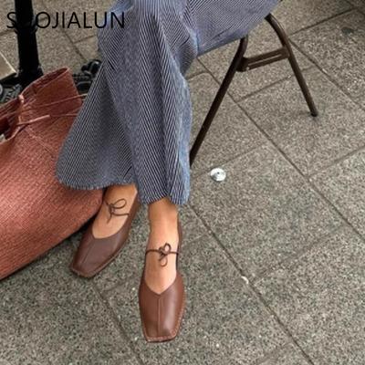 Fashion SUOJIALUN 2025 Brand Women Vintage Flats Shoes Big Size Ladies Elegant Lace-Up Low Heels Shoes Classic Suqare Toe Casual Loafers