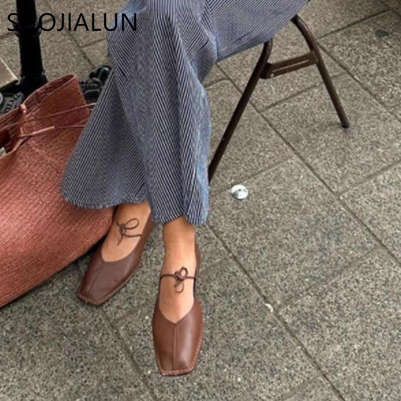 Fashion SUOJIALUN 2025 Brand Women Vintage Flats Shoes Big Size Ladies Elegant Lace-Up Low Heels Shoes Classic Suqare Toe Casual Loafers