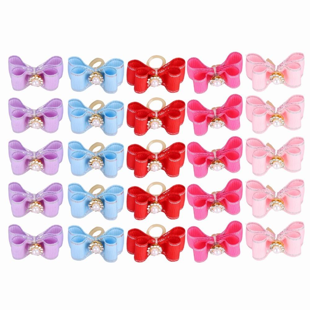 25Pcs Elastic Band Pet Hair Bow Pearl Decor Dog Hair Flower Cute Look Dog Bow Tie Pet Styling