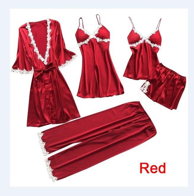 

European and American sexy five-piece women s summer medium-sleeved bridal morning gown large-size loungewear nightgown bathrobe S красный