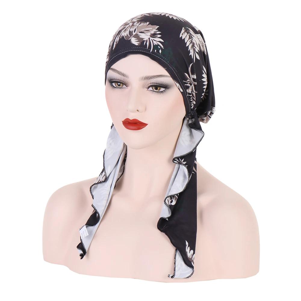 New Muslim Inner Hijab Turban Women Pre-Tied Cap Long Tail Headscarf Wrap Beanies Bonnet Head Scarf Stretch Headwear Ninja Hat