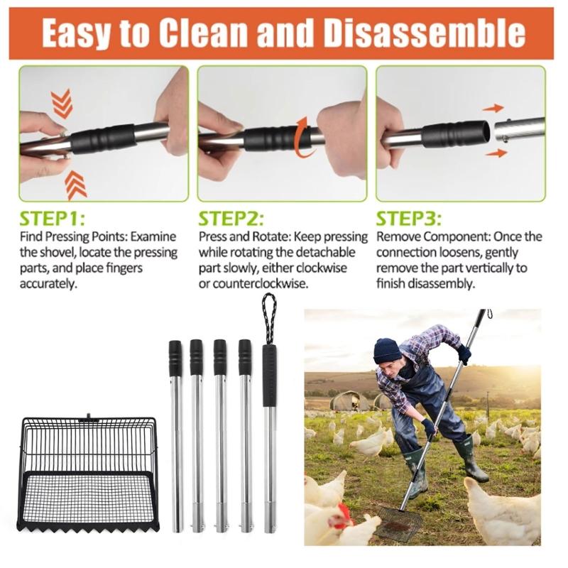 5 Part Extendable Handle Waste Tool With Integrated Attachment For Simple Pet And Poultry Waste Removal