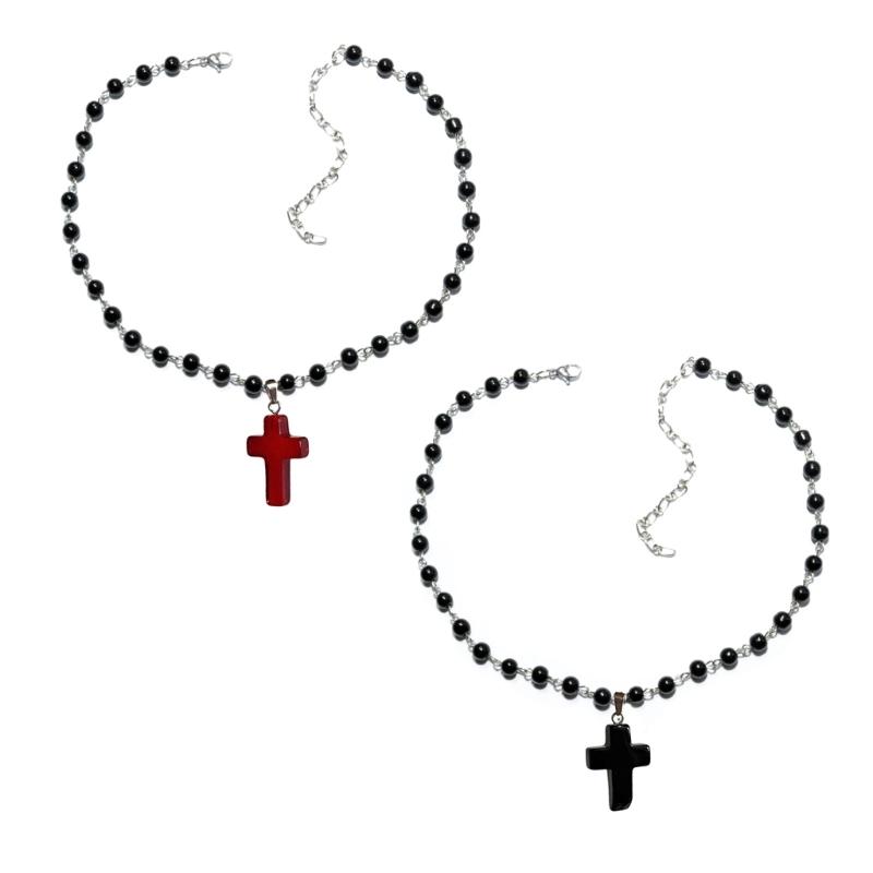 Gothic Crucifix Necklace Retro Choker Religious Clavicle Chain Cross Pendant Jewelry Stylish Pearl Beaded Ornaments