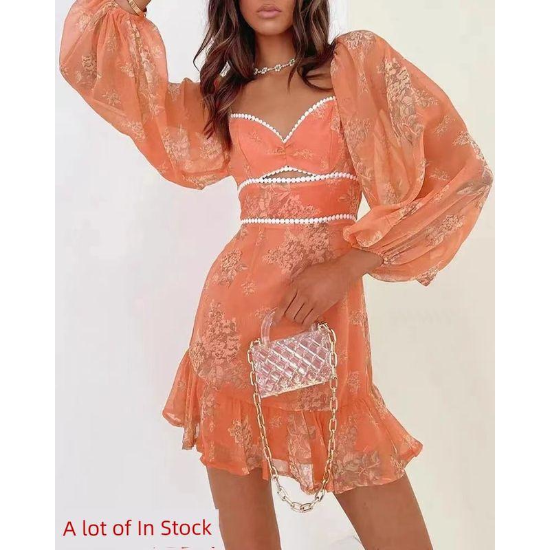 

New Arrival Amazon Fashion Style Street Niche Style Sexy Bandeau Lantern Sleeve Orange Printed Holiday Dress Tide Orange Red S