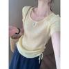Simple Style Square Neck with Drawstrings On Both Sides, Summer New Korean Casual Solid Color T-shirt